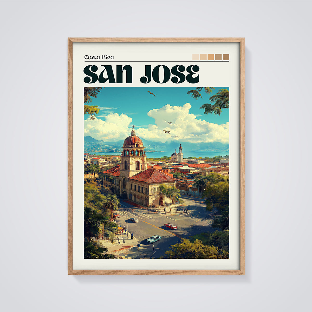 San Jose Costa Rica Cityscape Print framed in oak on a grey background