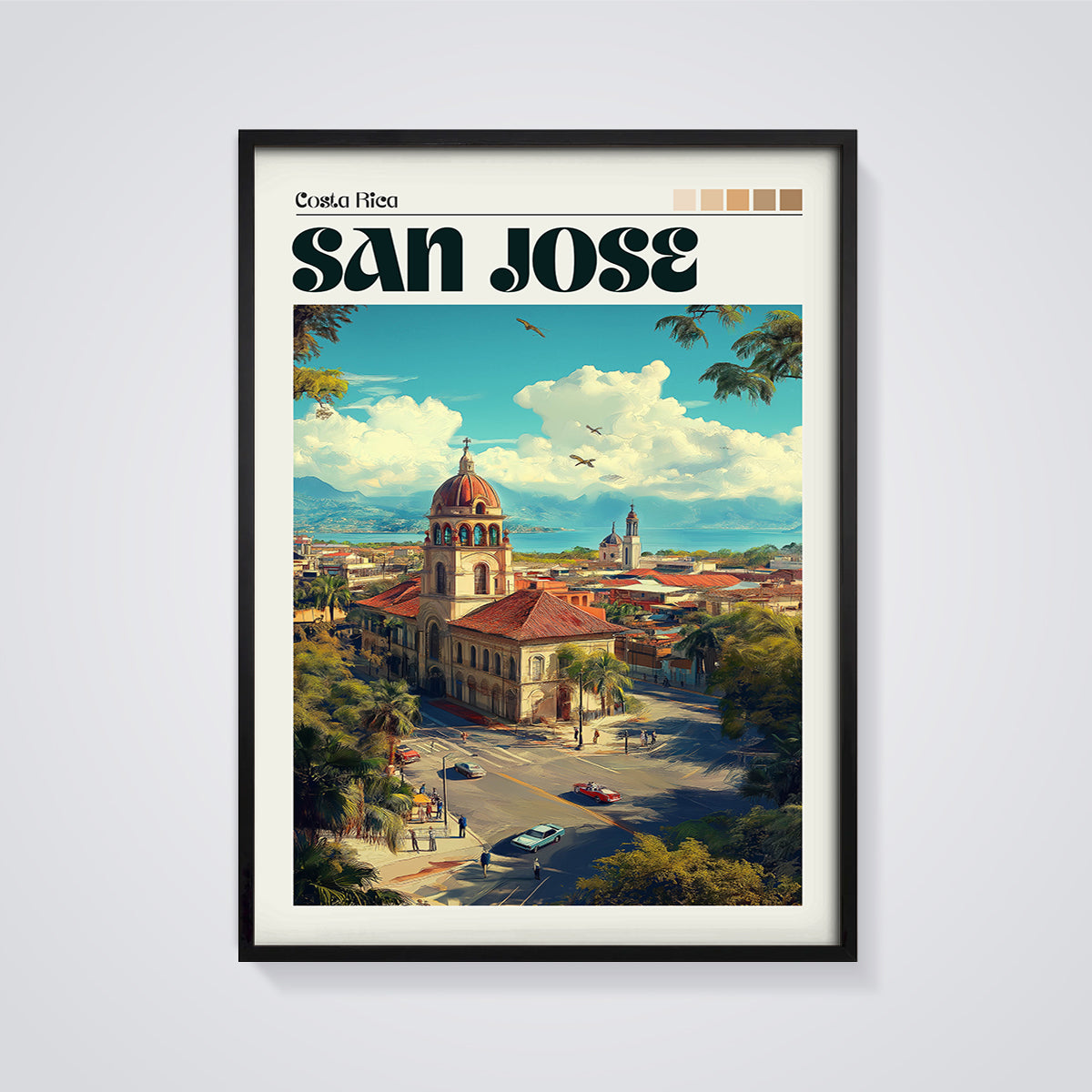San Jose Costa Rica Cityscape Print framed in black on a grey background