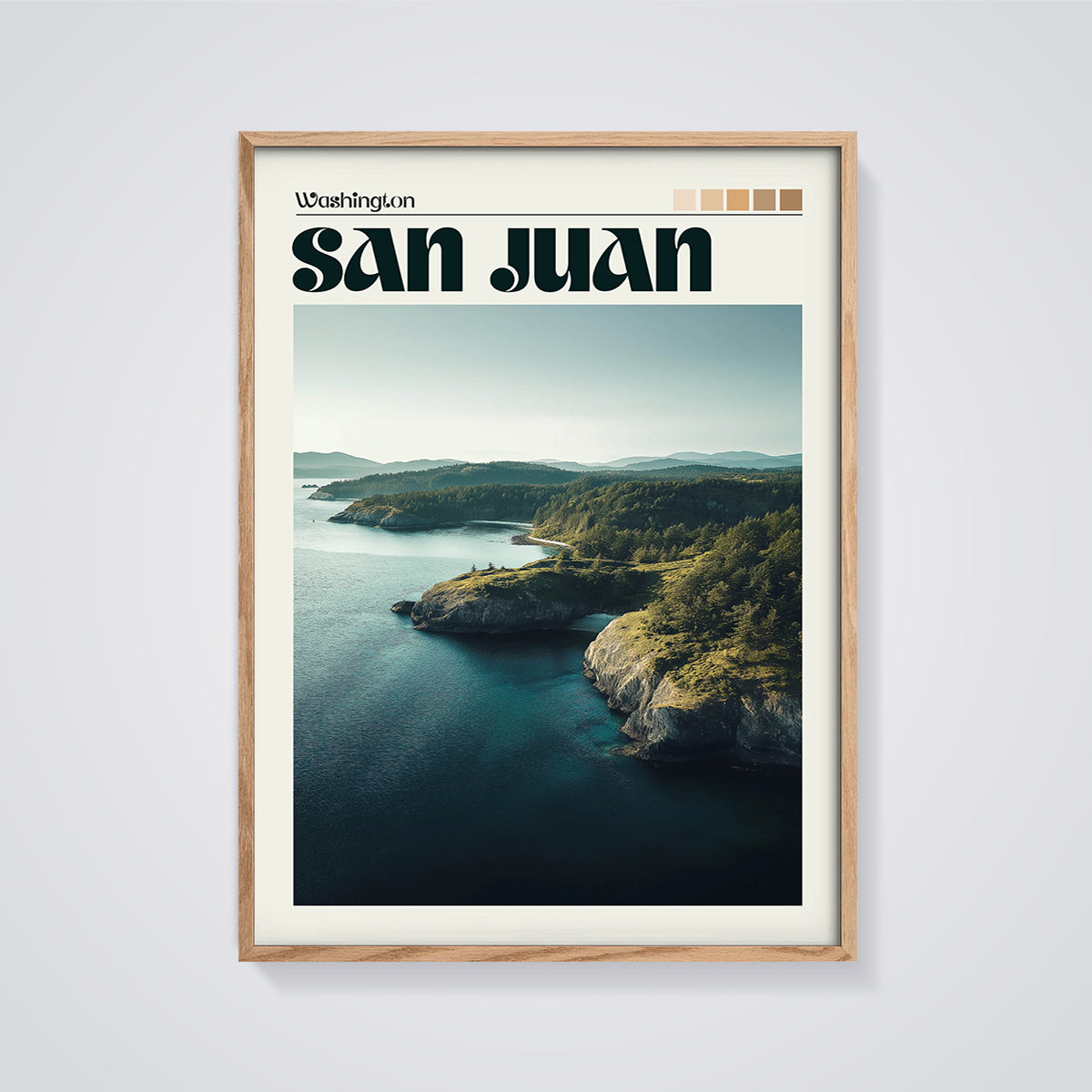 San Juan Washington Coast Print framed in oak on a grey background