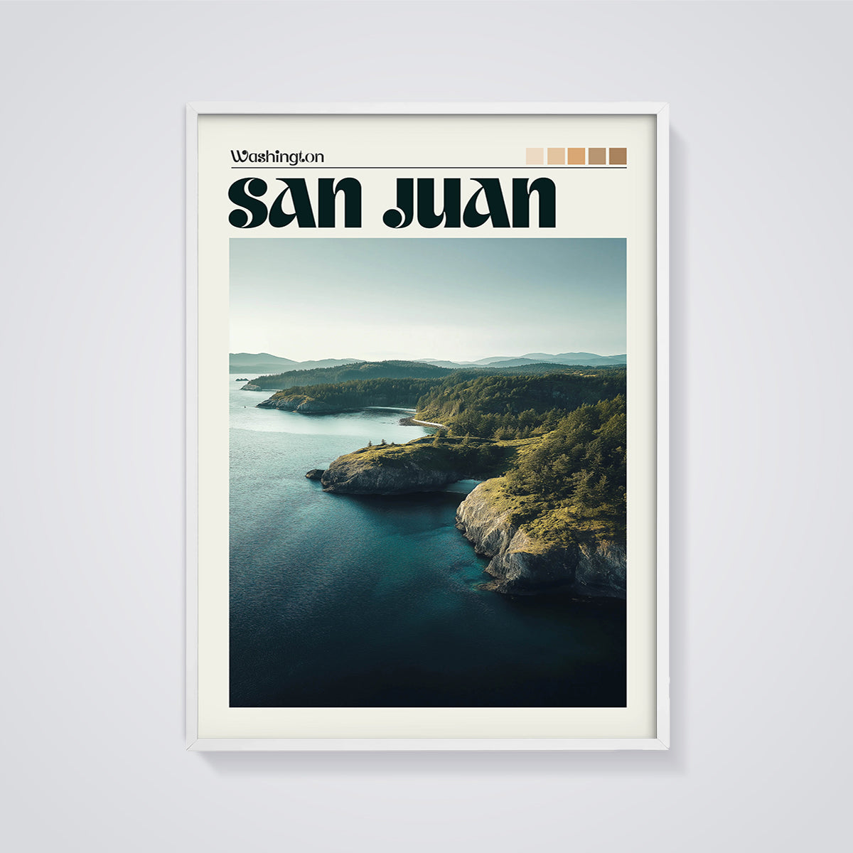 San Juan Washington Coast Print framed in white on a grey background