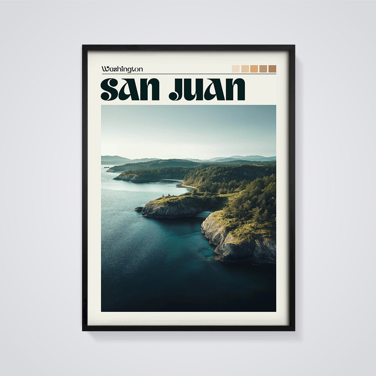 San Juan Washington Coast Print framed in black on a grey background
