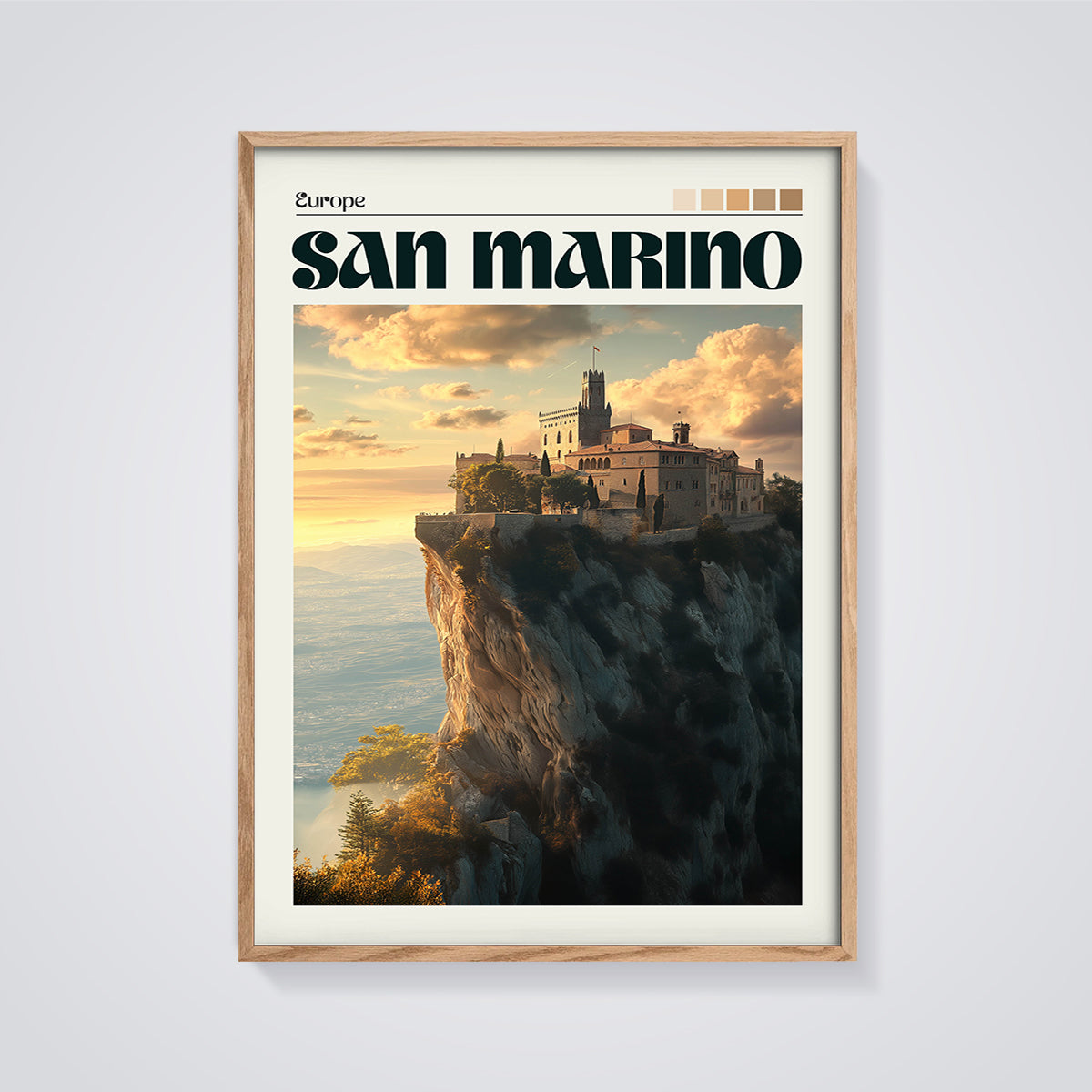 San Marino Cliffside Fortress Print framed in oak on a grey background
