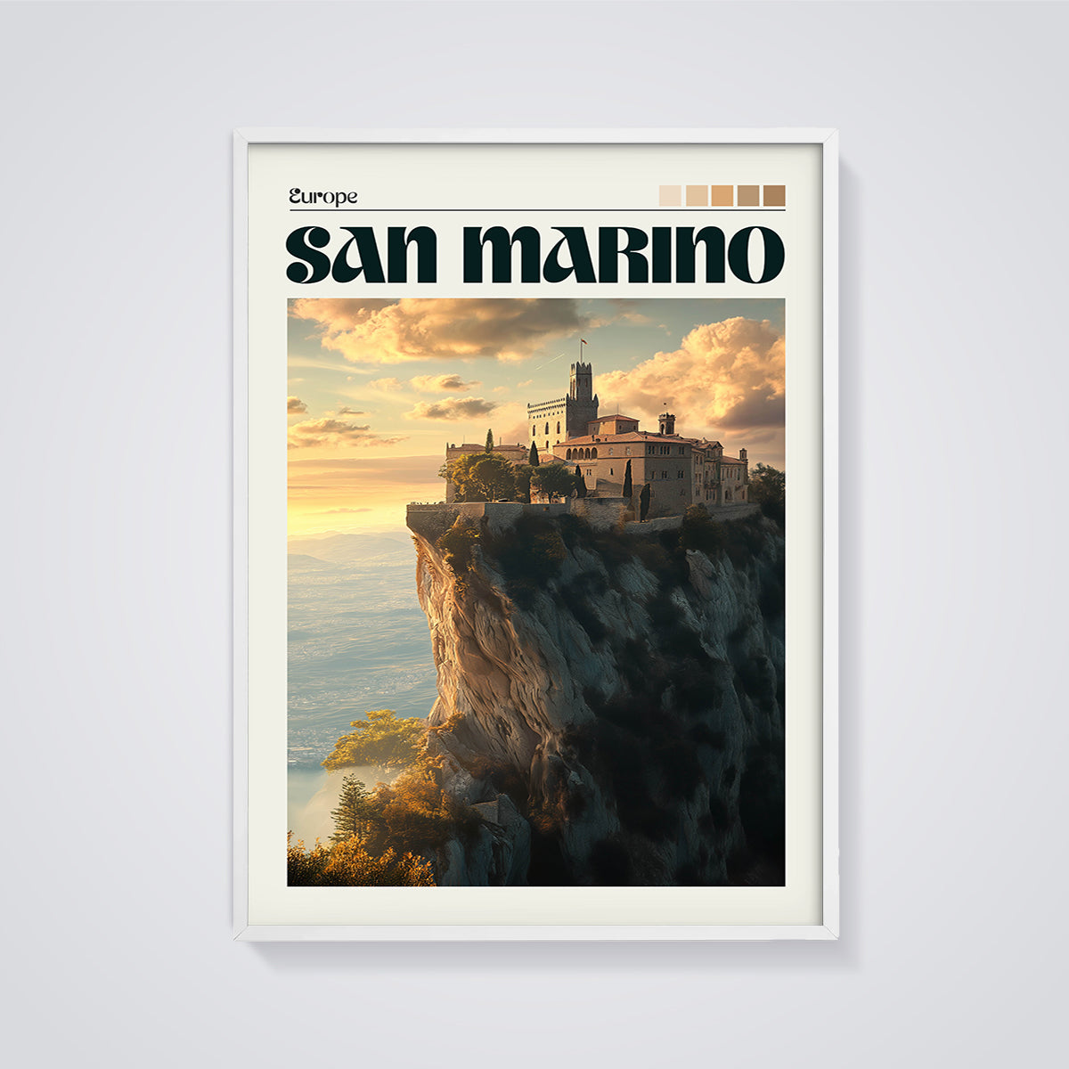 San Marino Cliffside Fortress Print framed in white on a grey background