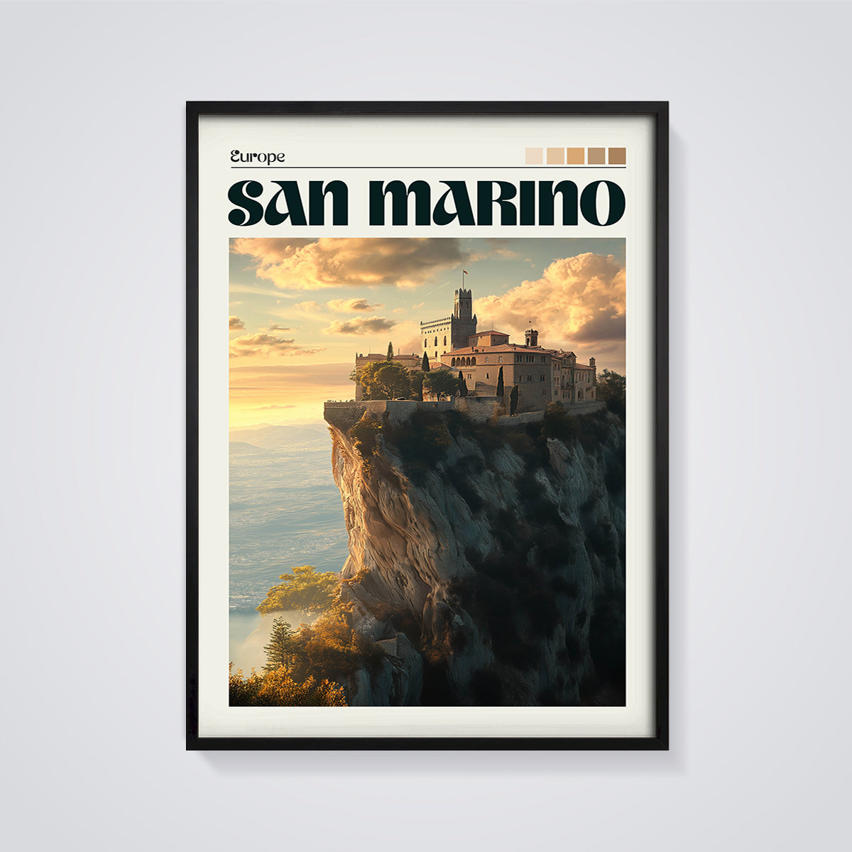 San Marino Cliffside Fortress Print framed in black on a grey background