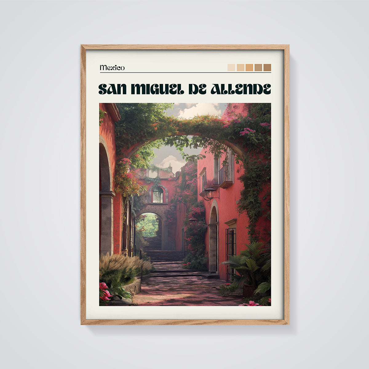 San Miguel de Allende Alleyway Print framed in oak on a grey background