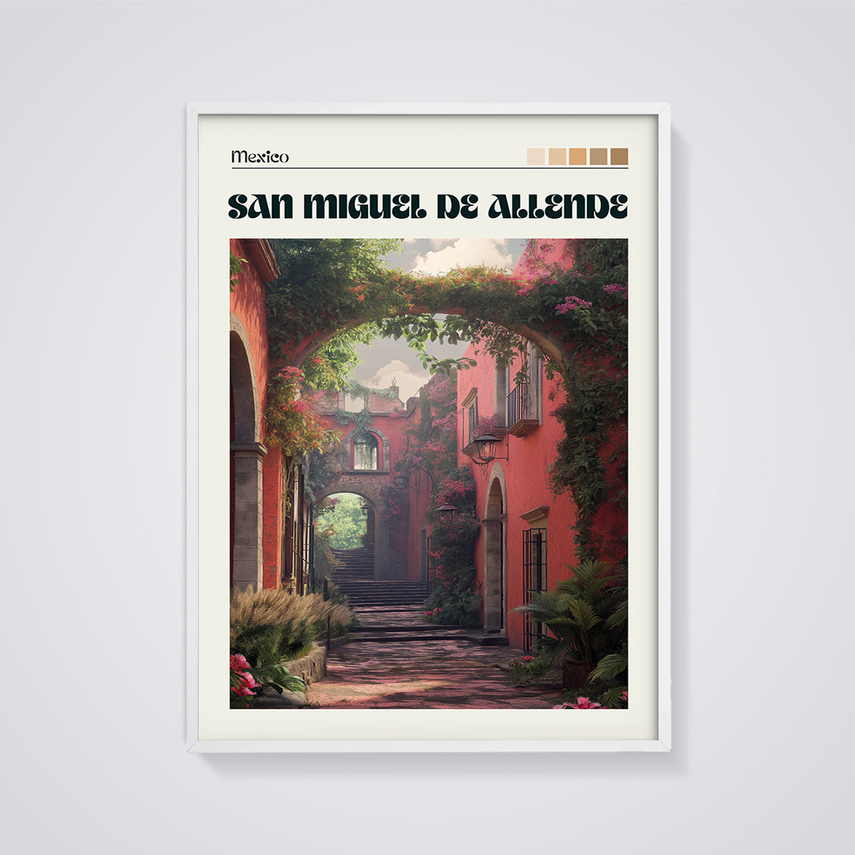San Miguel de Allende Alleyway Print framed in white on a grey background