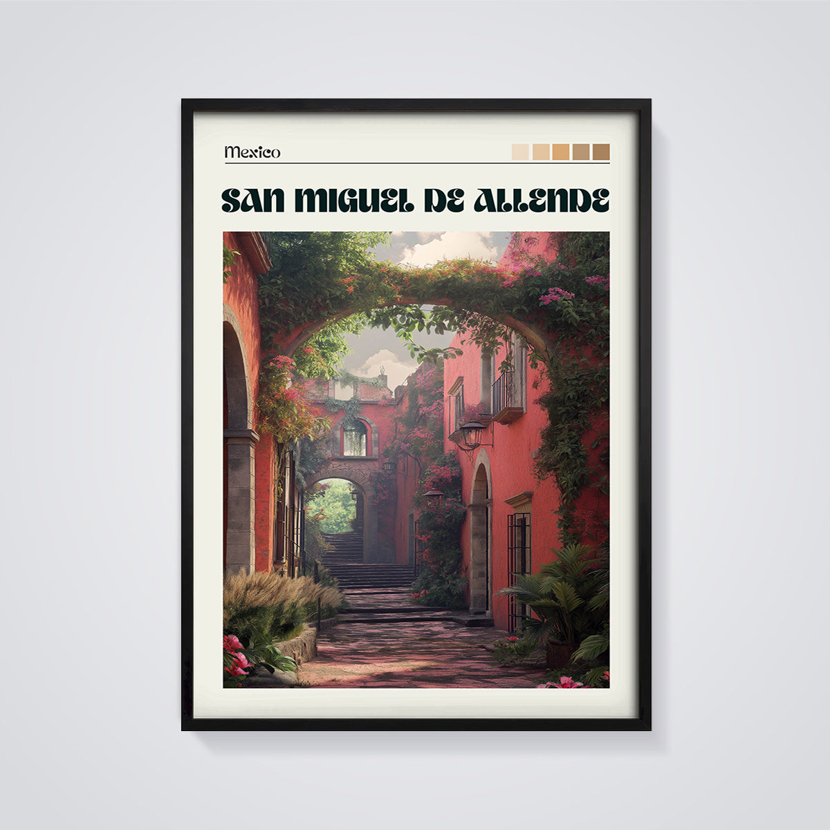San Miguel de Allende Alleyway Print framed in black on a grey background