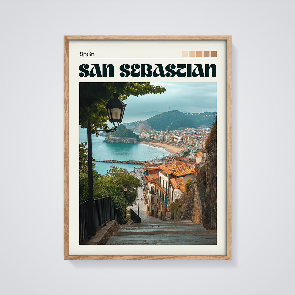 San Sebastian Spain Coastal View Print framed in oak on a grey background