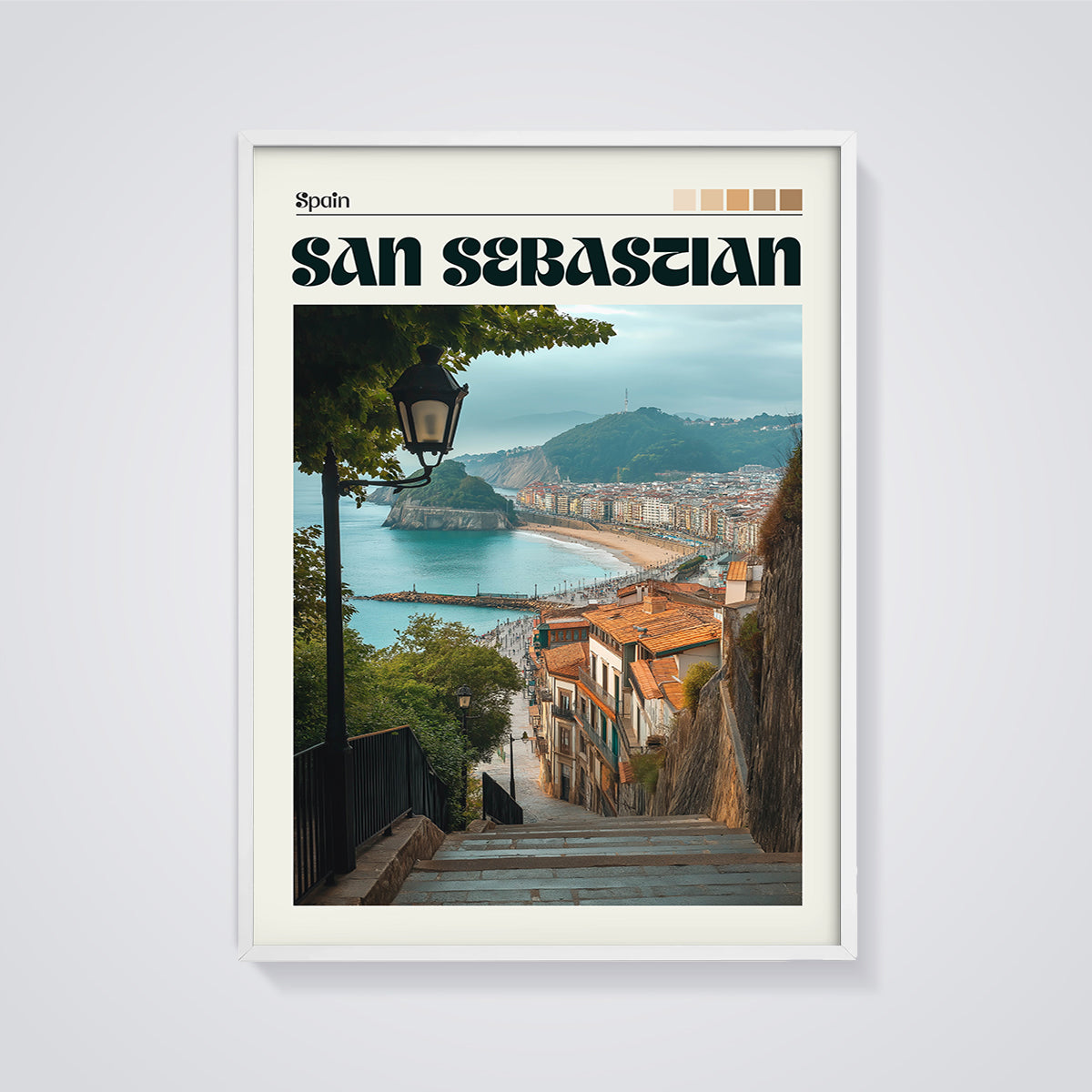 San Sebastian Spain Coastal View Print framed in white on a grey background