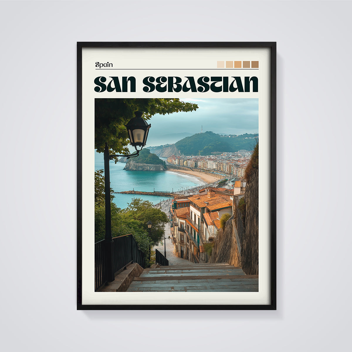San Sebastian Spain Coastal View Print framed in black on a grey background