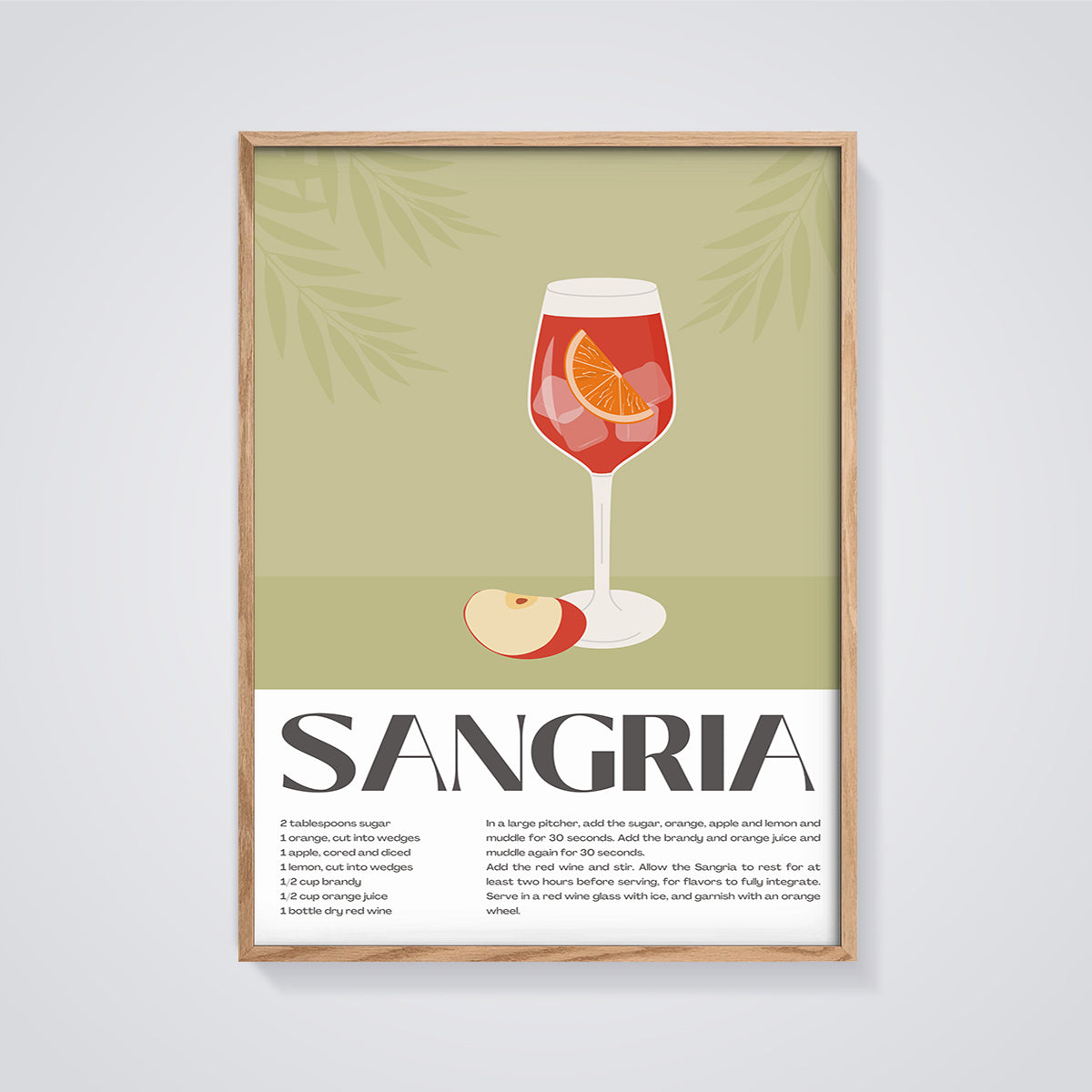 Sangria Cocktail Recipe Print framed in oak on a grey background