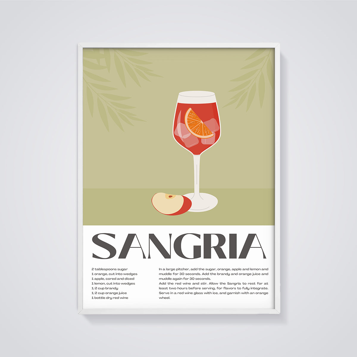 Sangria Cocktail Recipe Print framed in white on a grey background