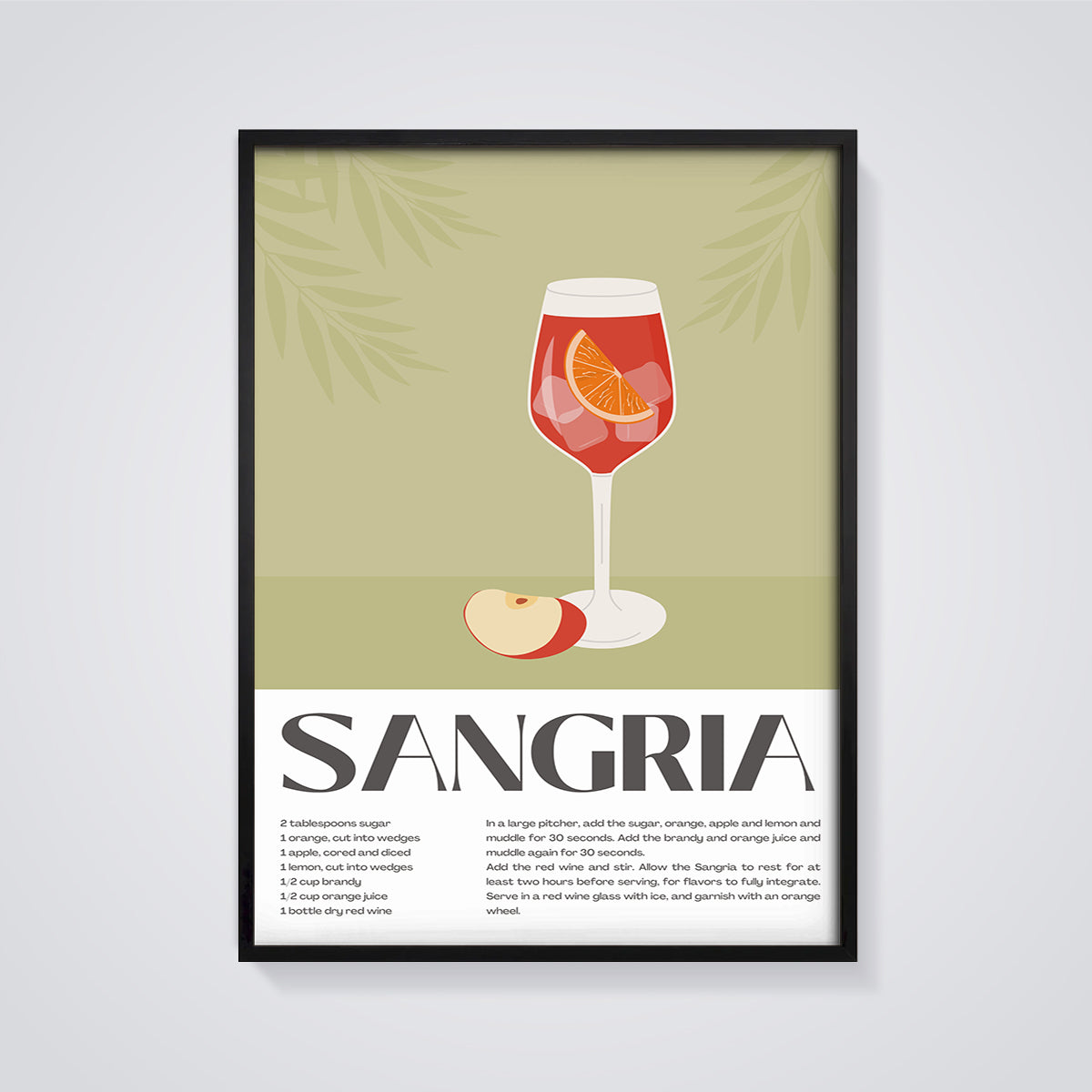 Sangria Cocktail Recipe Print framed in black on a grey background