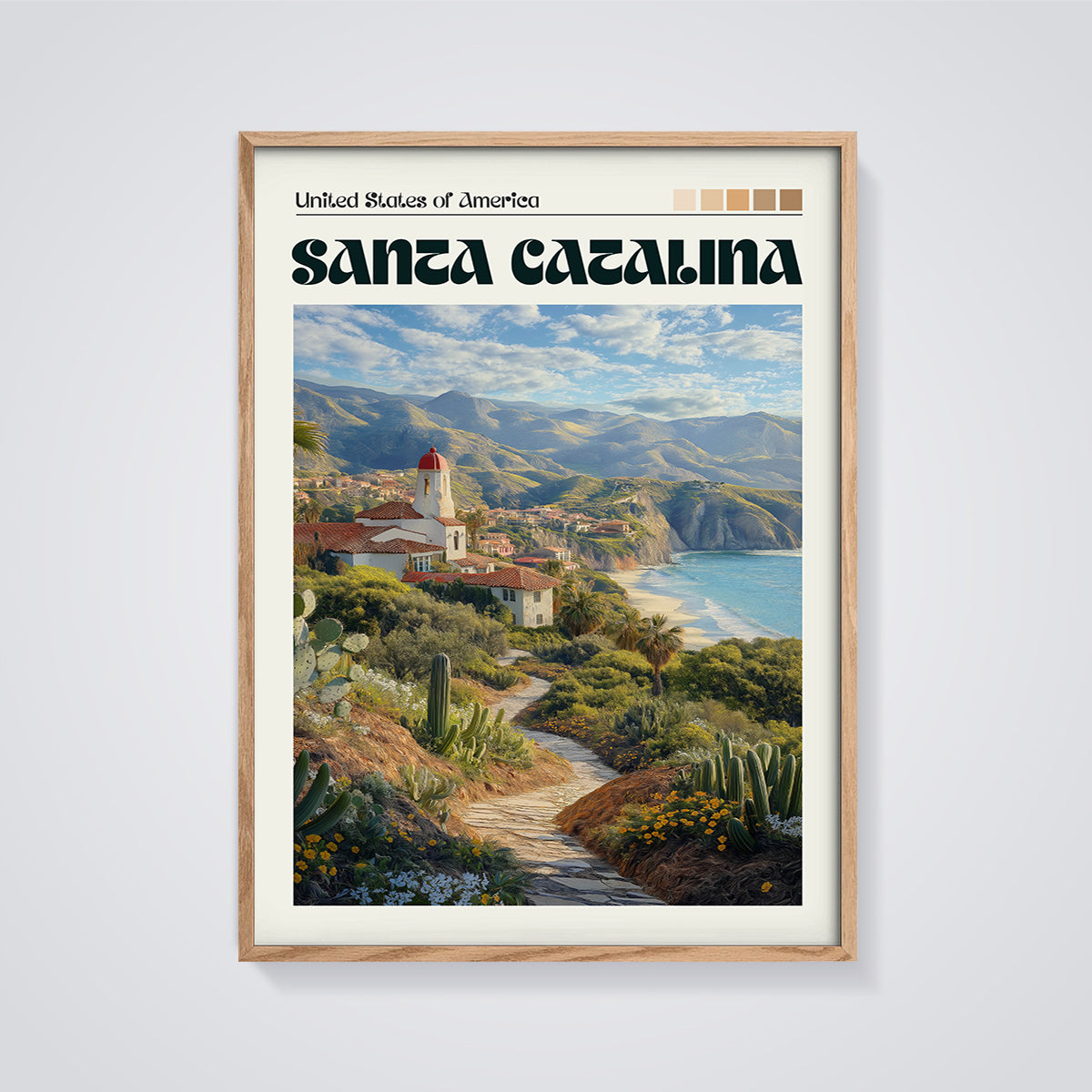 Santa Catalina Island View Print framed in oak on a grey background