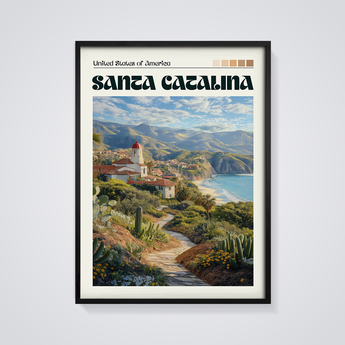 Santa Catalina Island View Print framed in black on a grey background