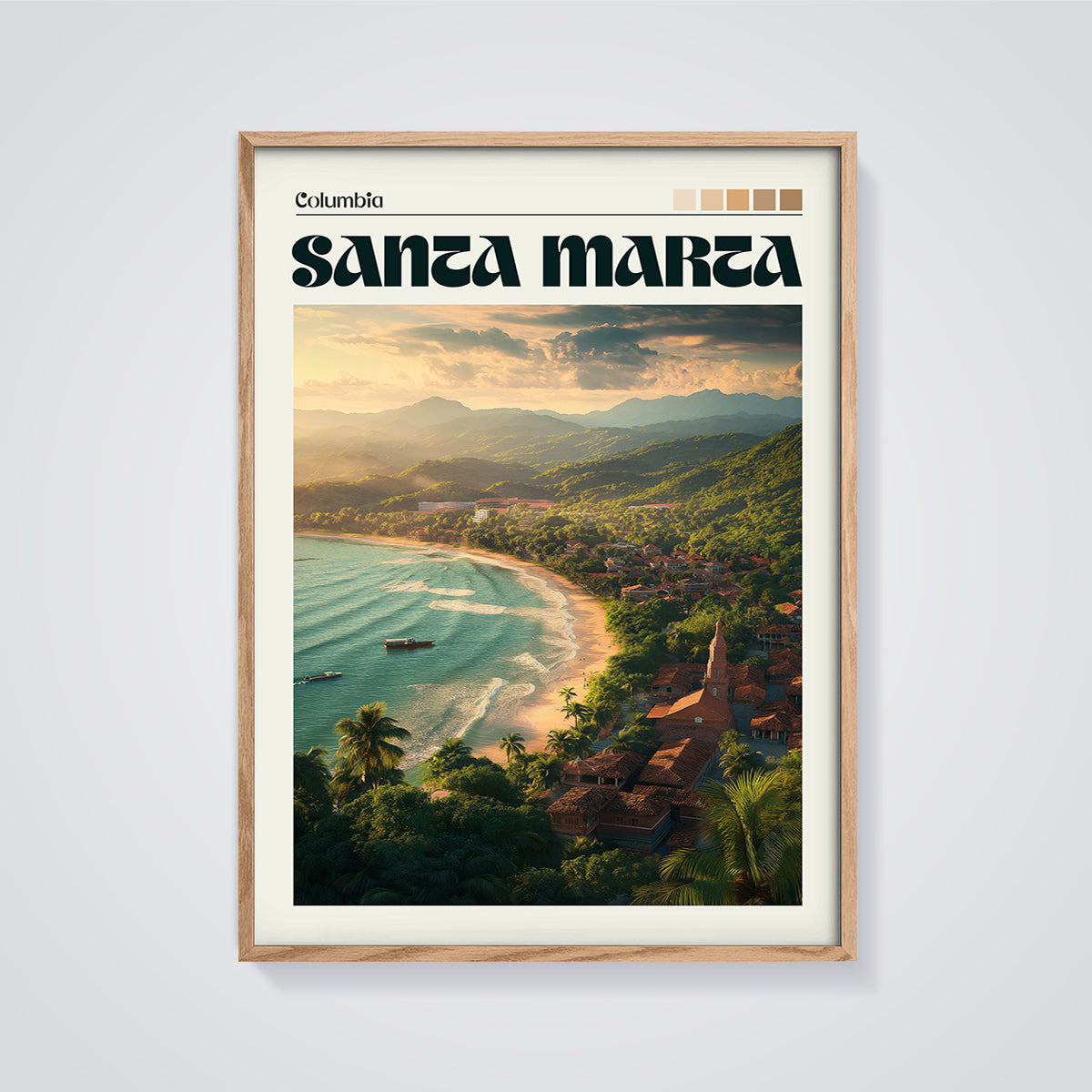 Santa Marta Columbia Coastal View Print framed in oak on a grey background