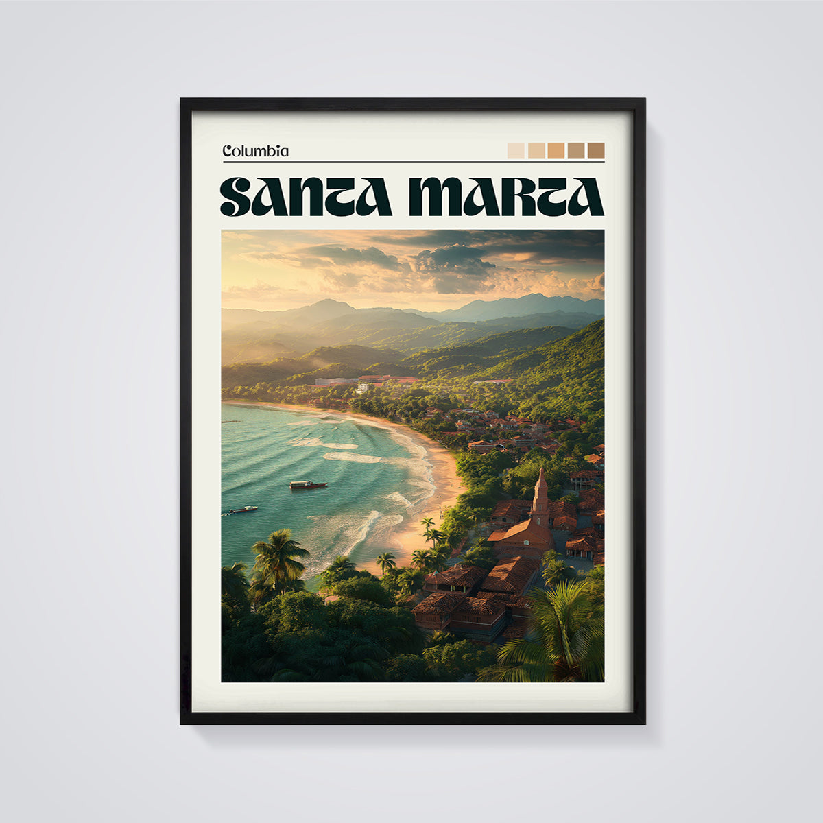 Santa Marta Columbia Coastal View Print framed in black on a grey background