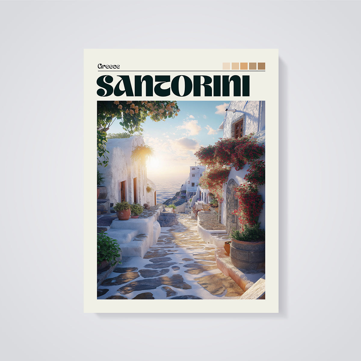 Santorini Cobblestone Sunset Print unframed on a grey background