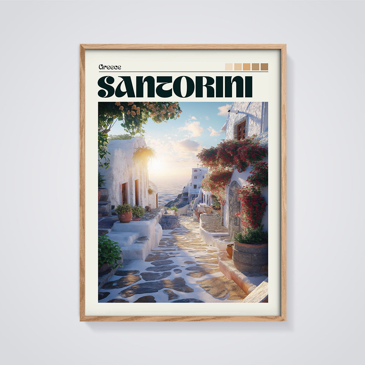 Santorini Cobblestone Sunset Print framed in oak on a grey background