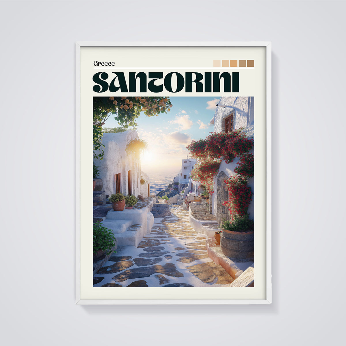 Santorini Cobblestone Sunset Print framed in white on a grey background