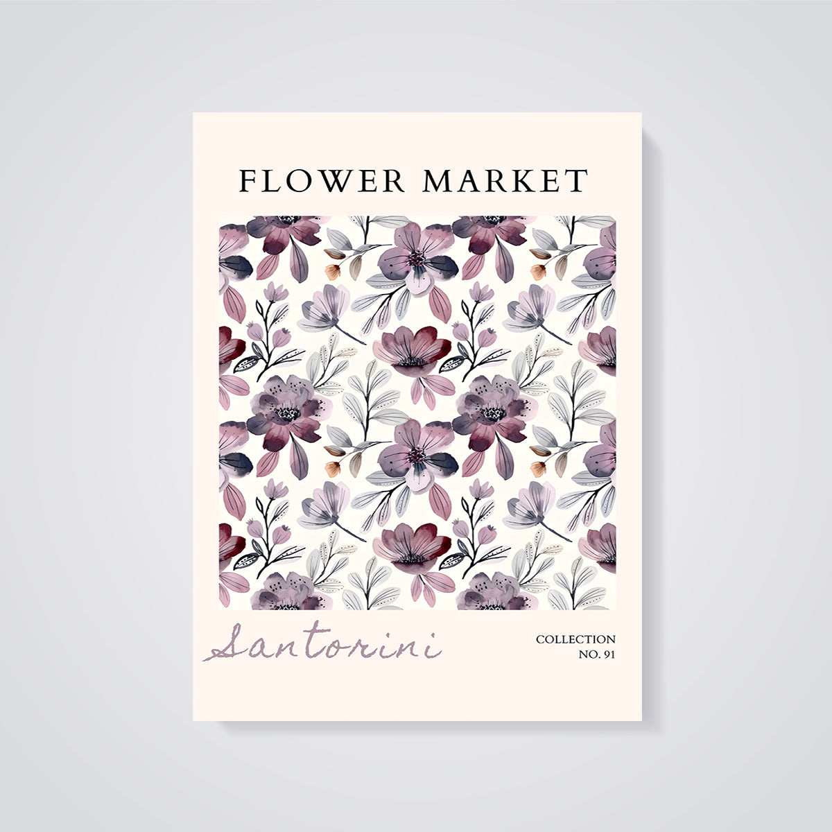 Santorini Flower Market Print unframed on a grey background