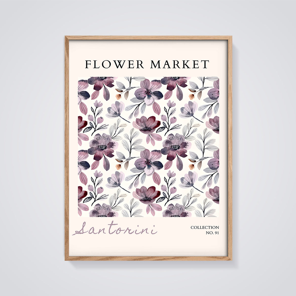 Santorini Flower Market Print framed in oak on a grey background
