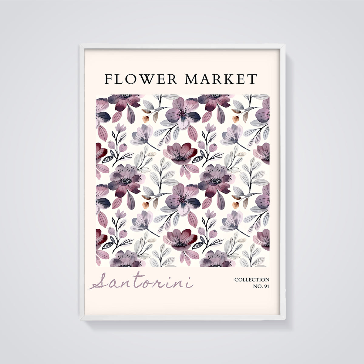 Santorini Flower Market Print framed in white on a grey background