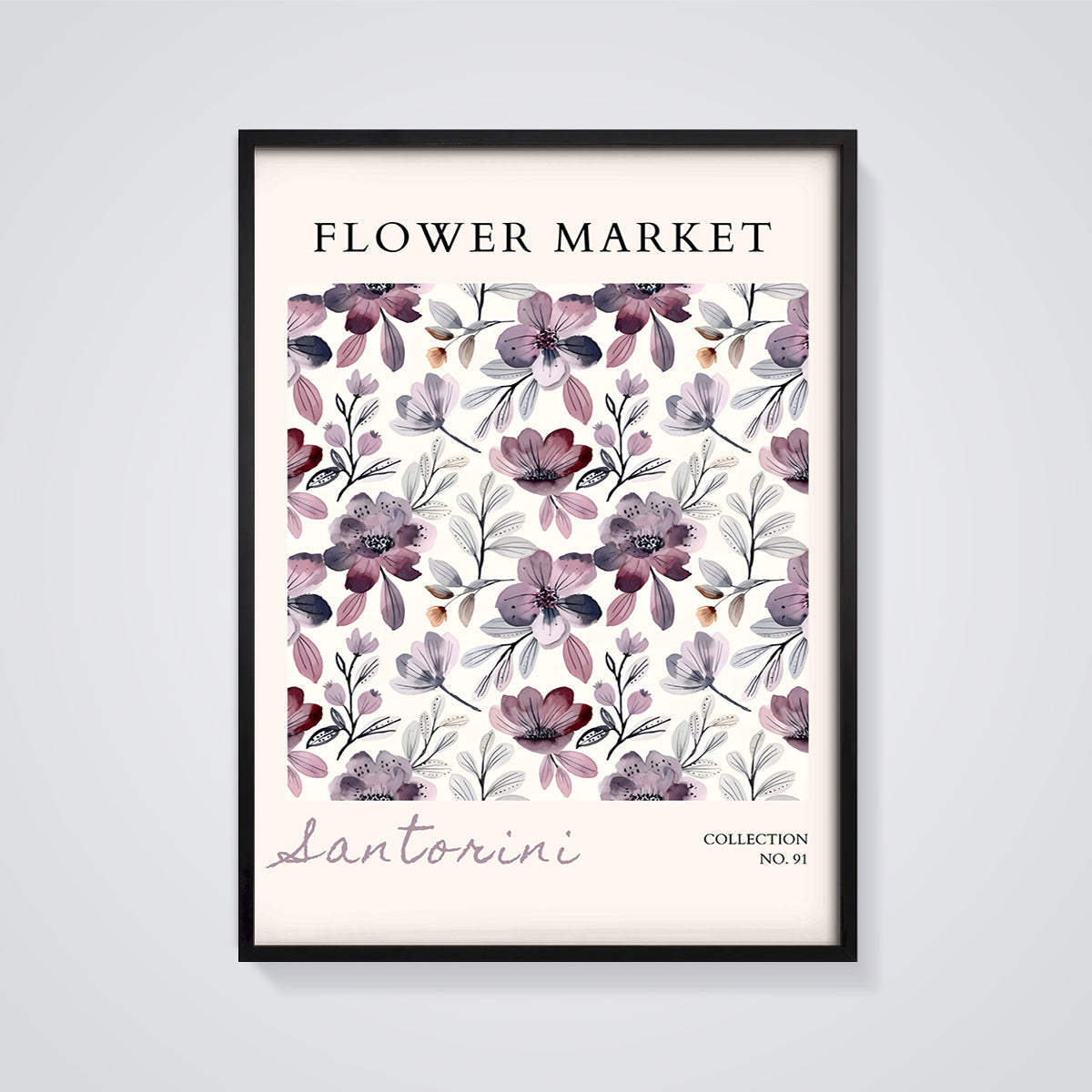 Santorini Flower Market Print framed in black on a grey background