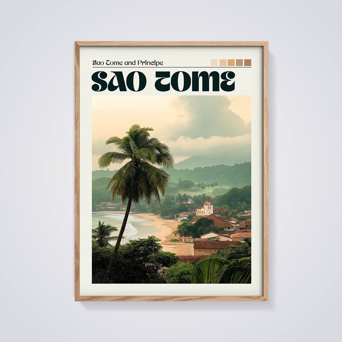 Sao Tome Coastal Palm Print framed in oak on a grey background