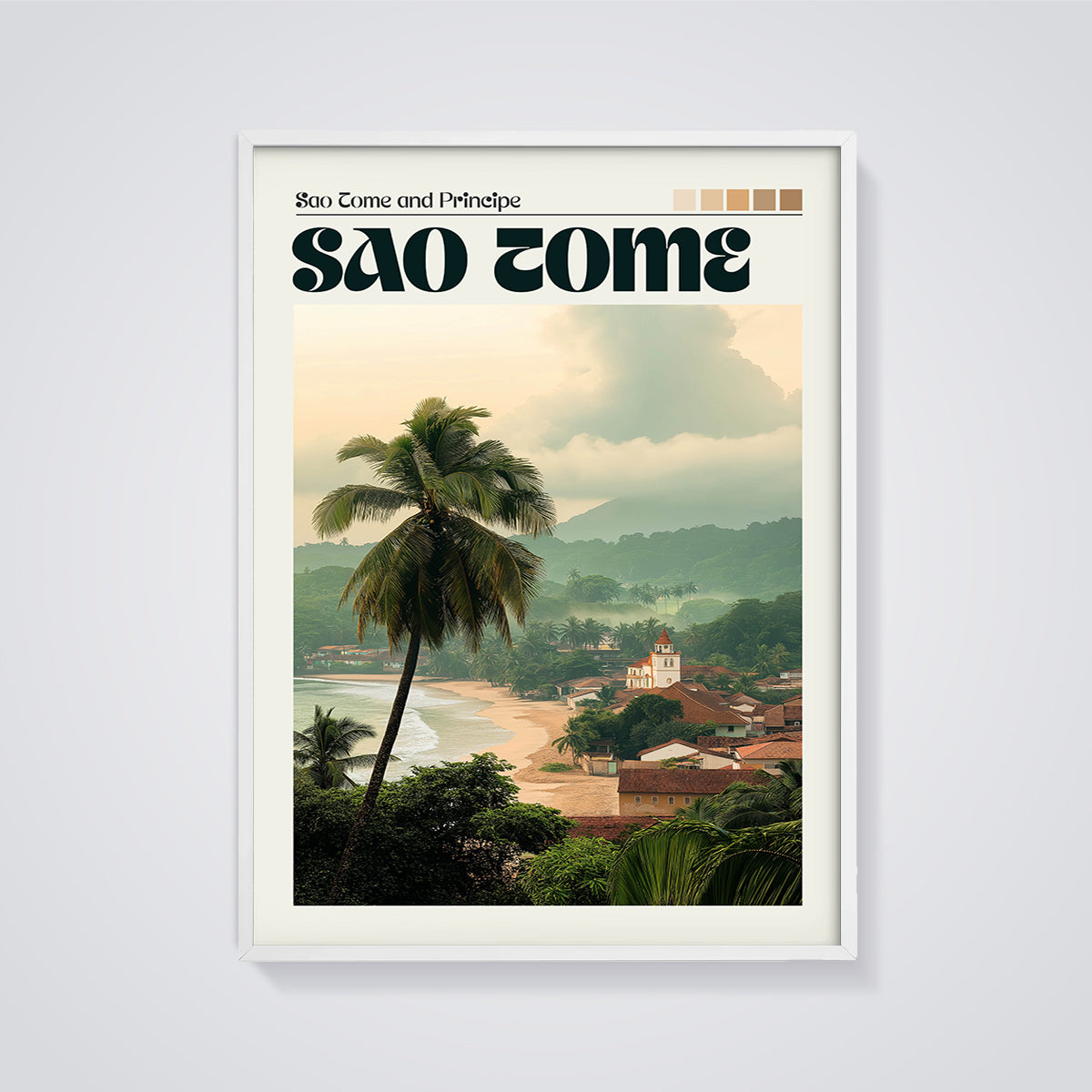 Sao Tome Coastal Palm Print framed in white on a grey background