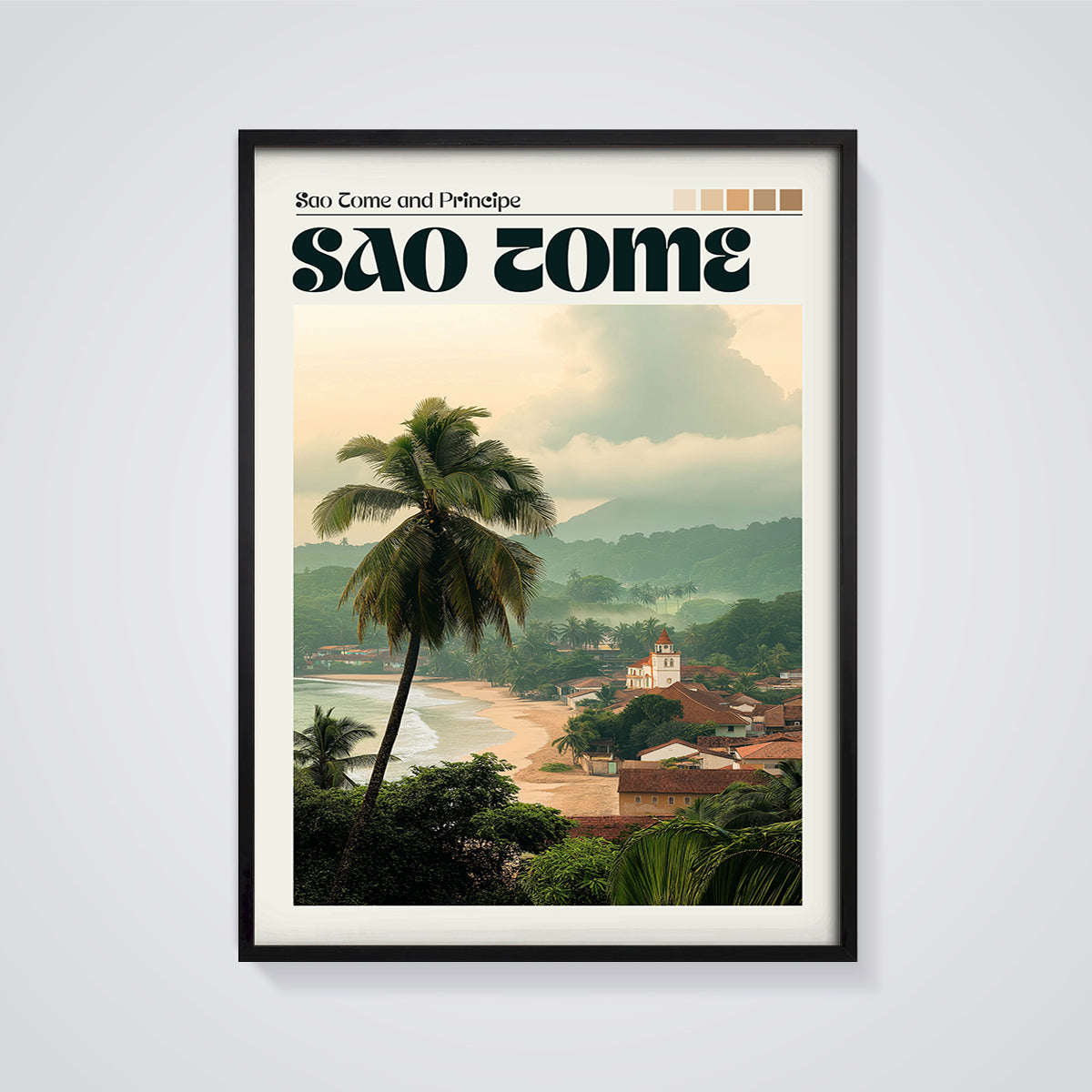 Sao Tome Coastal Palm Print framed in black on a grey background