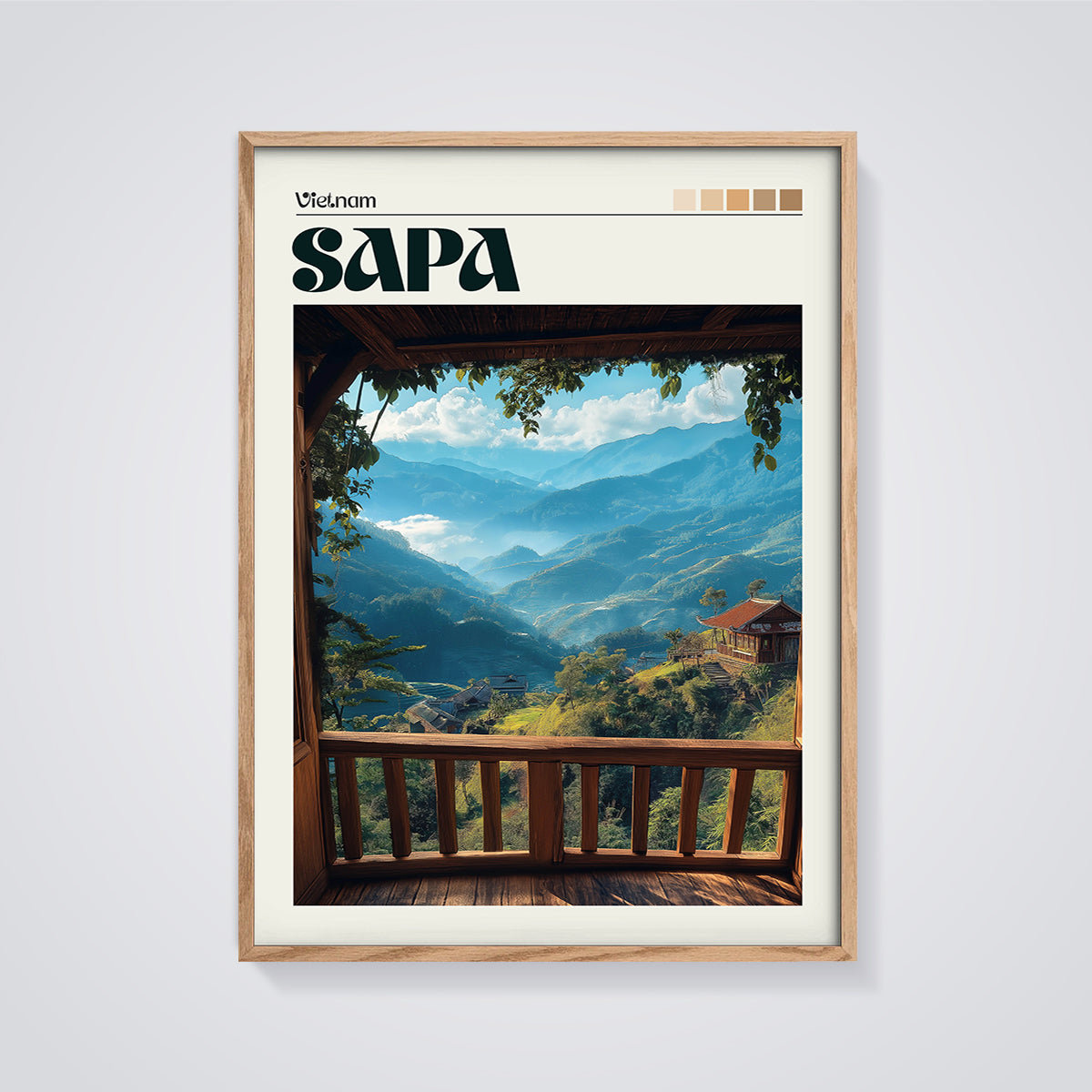Sapa Vietnam Balcony View Print framed in oak on a grey background