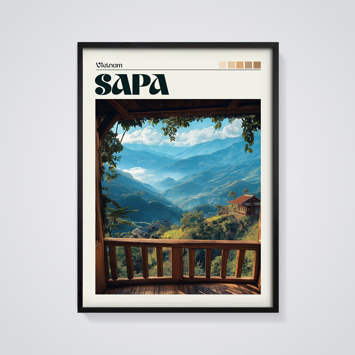 Sapa Vietnam Balcony View Print framed in black on a grey background