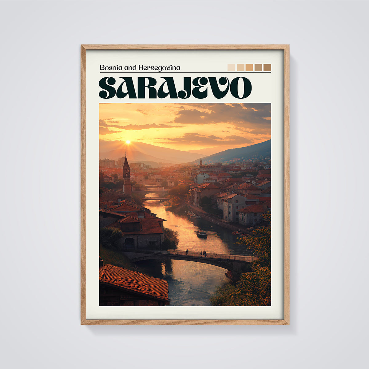 Sarajevo Sunset City Print framed in oak on a grey background