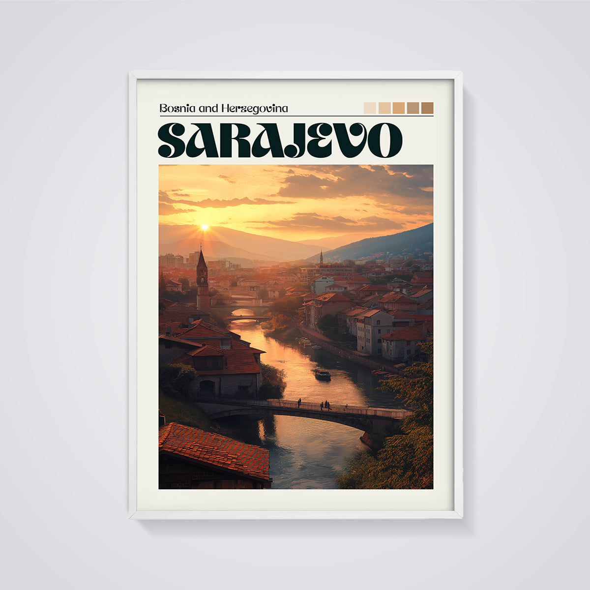 Sarajevo Sunset City Print framed in white on a grey background
