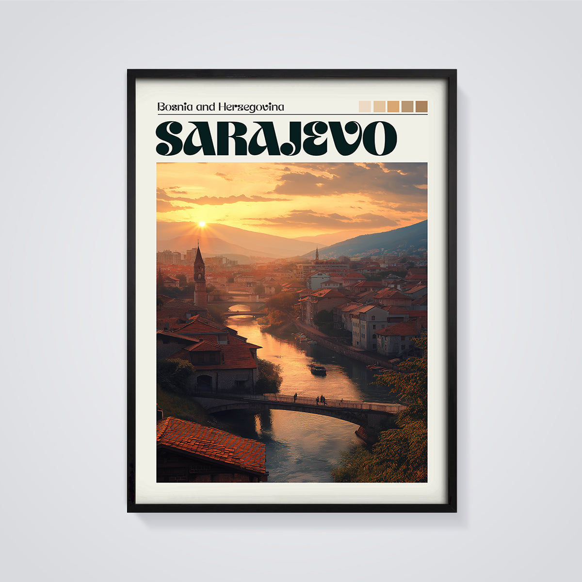 Sarajevo Sunset City Print framed in black on a grey background