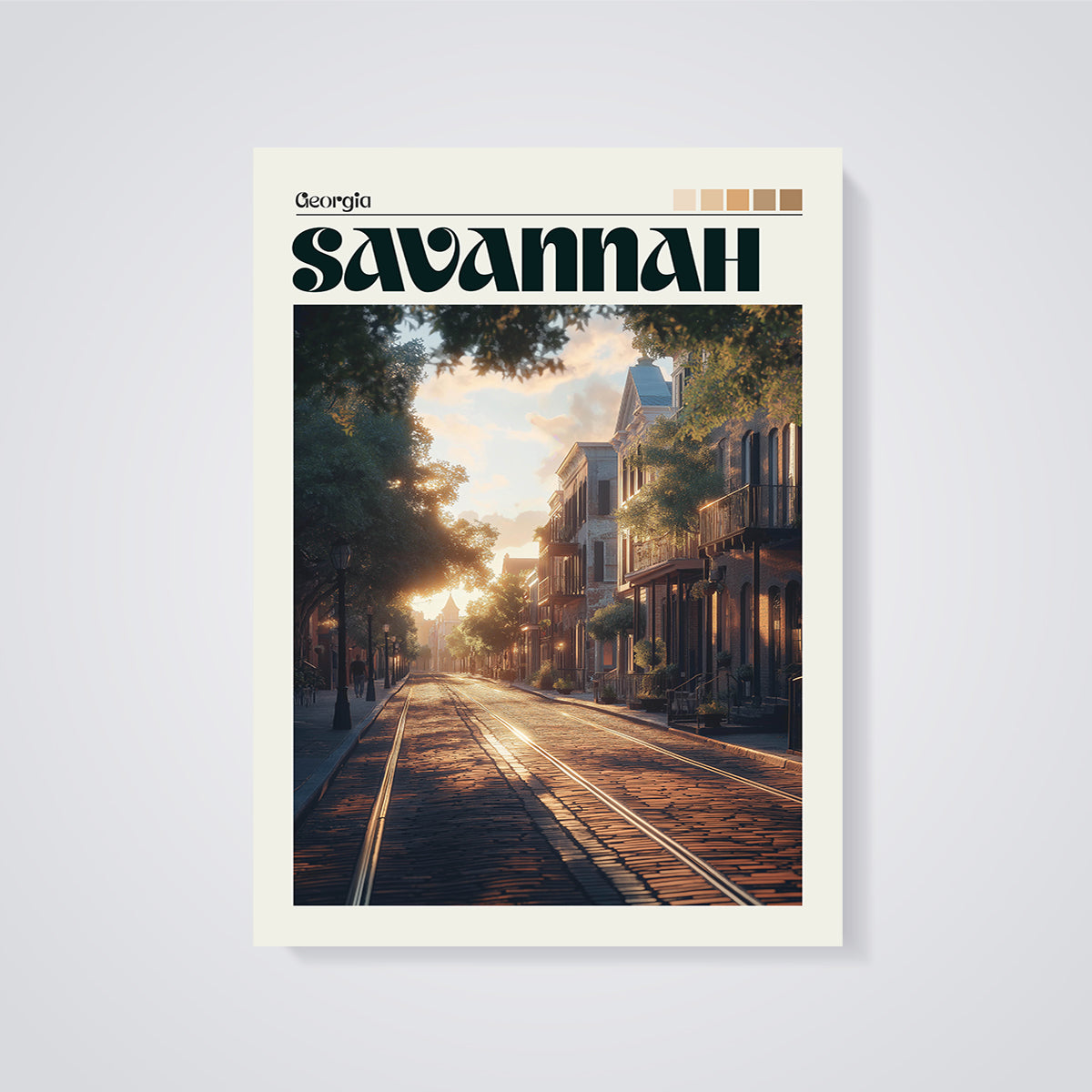 Savannah Georgia Streetcar Sunset Print unframed on a grey background