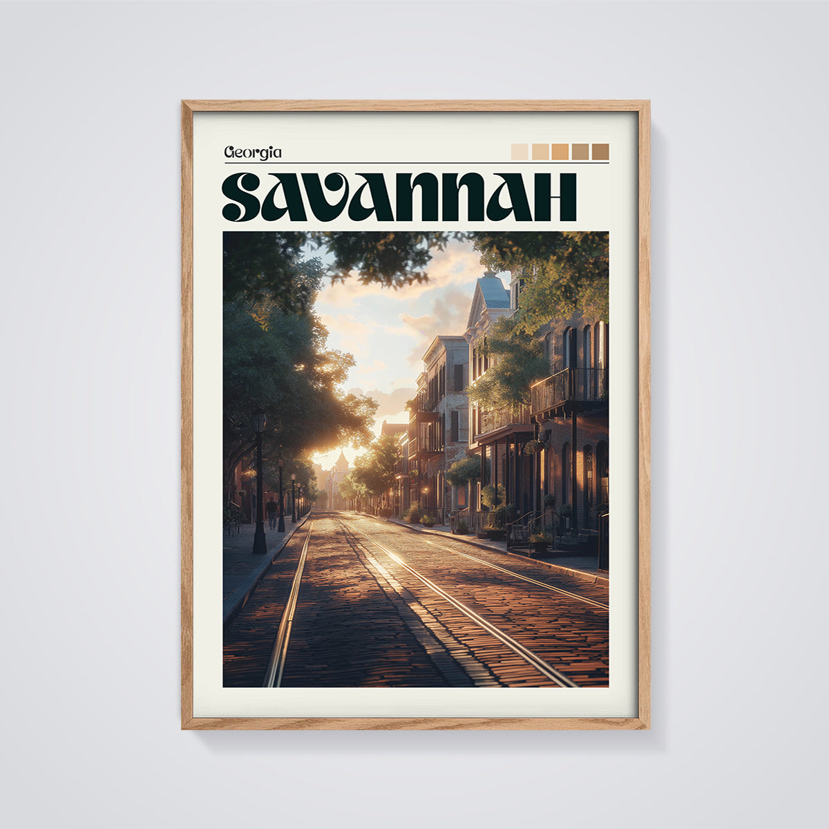 Savannah Georgia Streetcar Sunset Print framed in oak on a grey background