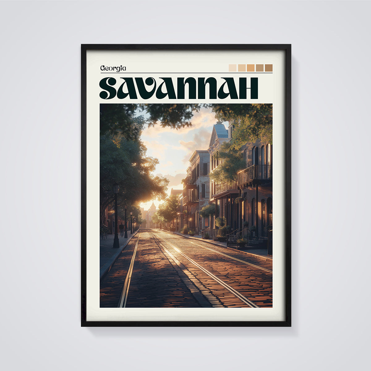 Savannah Georgia Streetcar Sunset Print framed in black on a grey background