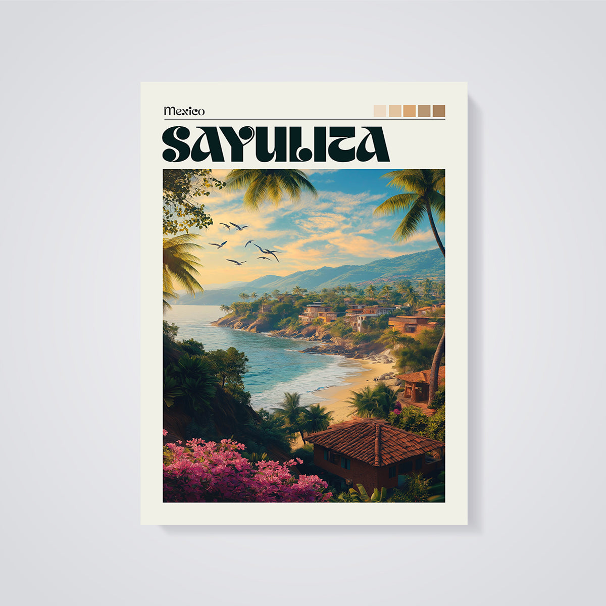 Sayulita Mexico Coastal Print unframed on a grey background