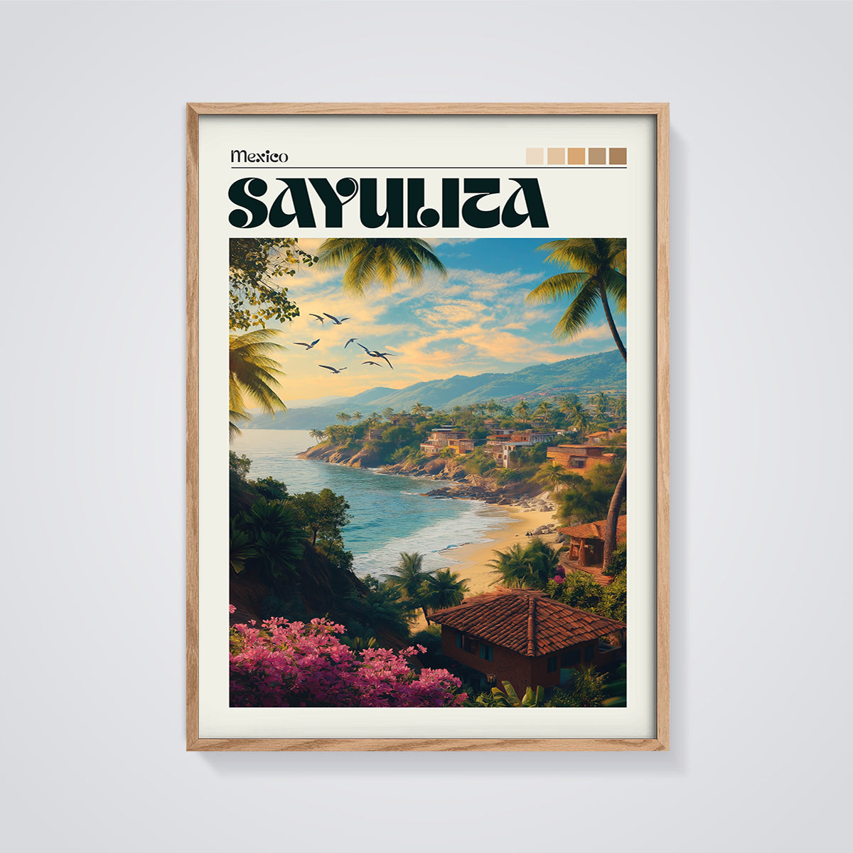 Sayulita Mexico Coastal Print framed in oak on a grey background