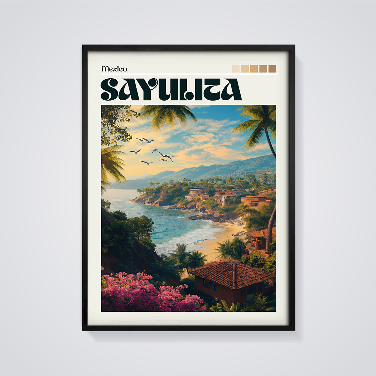 Sayulita Mexico Coastal Print framed in black on a grey background