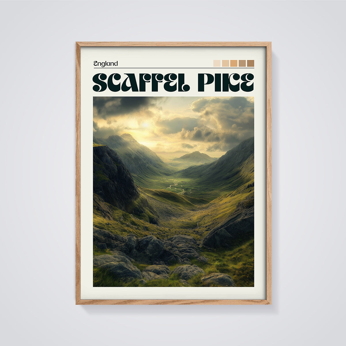 Scafell Pike Valley Print framed in oak on a grey background
