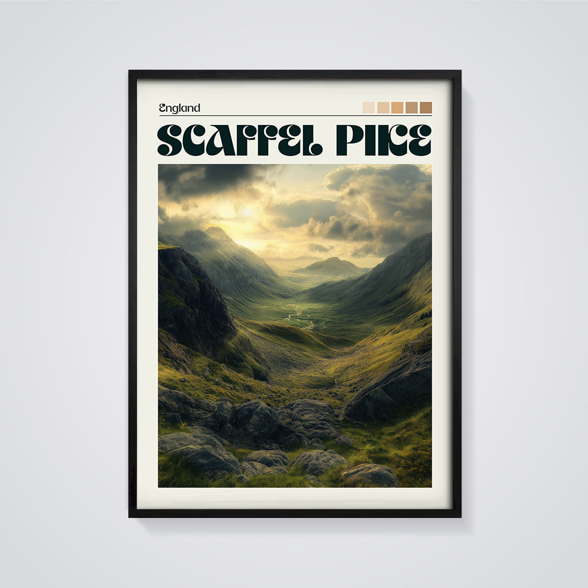 Scafell Pike Valley Print framed in black on a grey background