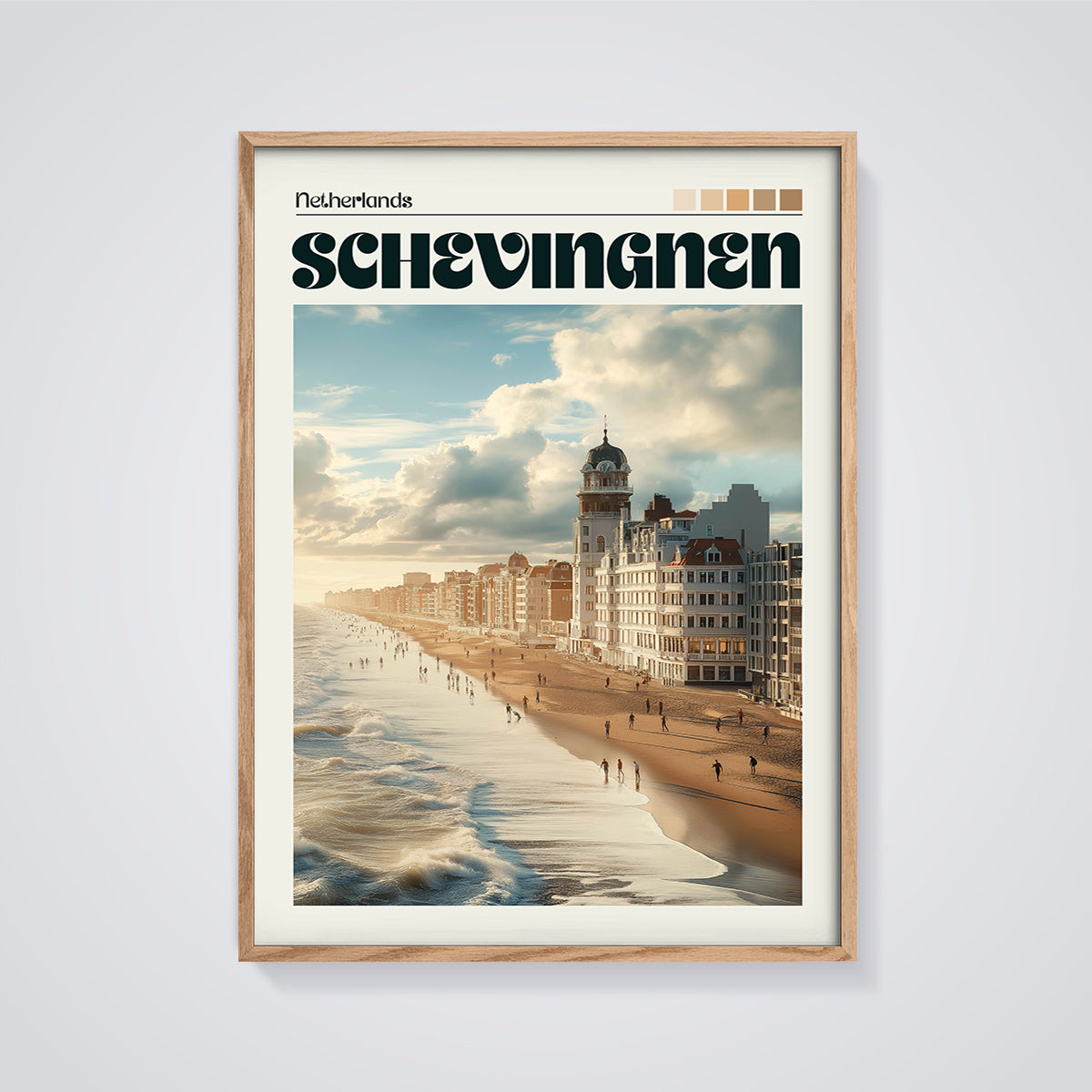 Scheveningen Beach Sunset Print framed in oak on a grey background