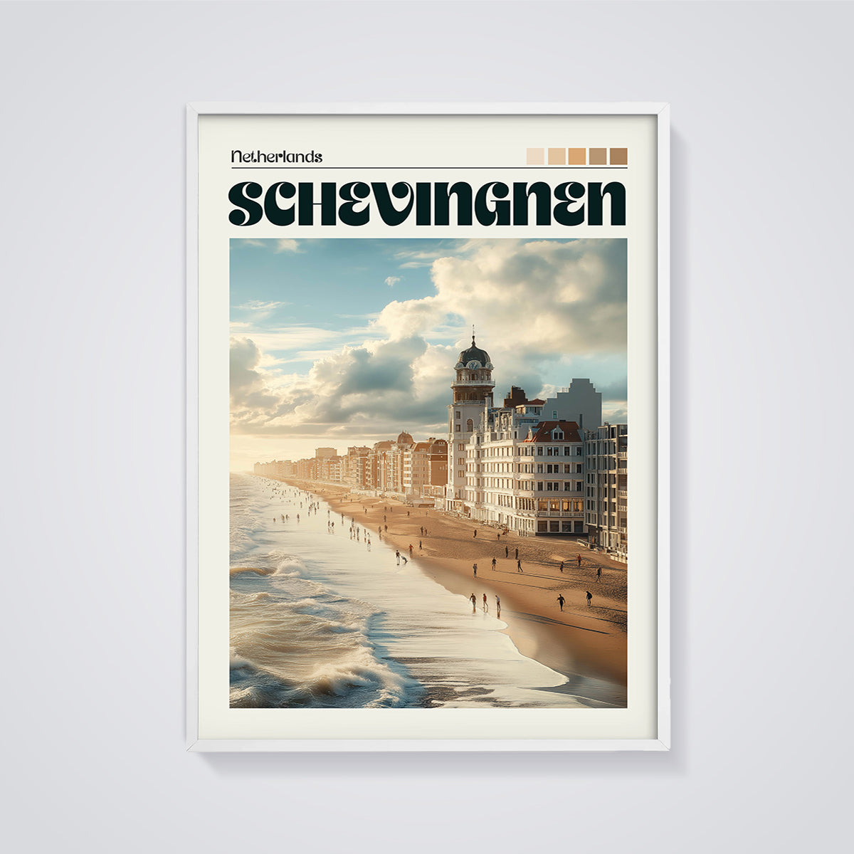 Scheveningen Beach Sunset Print framed in white on a grey background