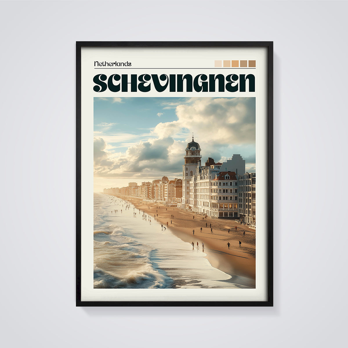 Scheveningen Beach Sunset Print framed in black on a grey background