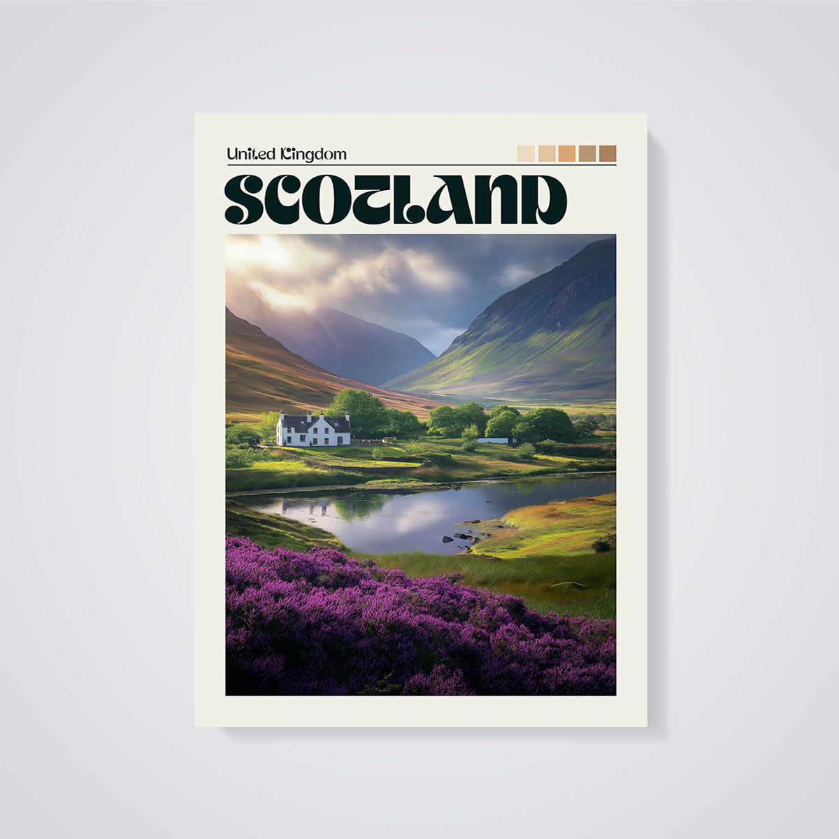 Scotland Heather Landscape Print unframed on a grey background