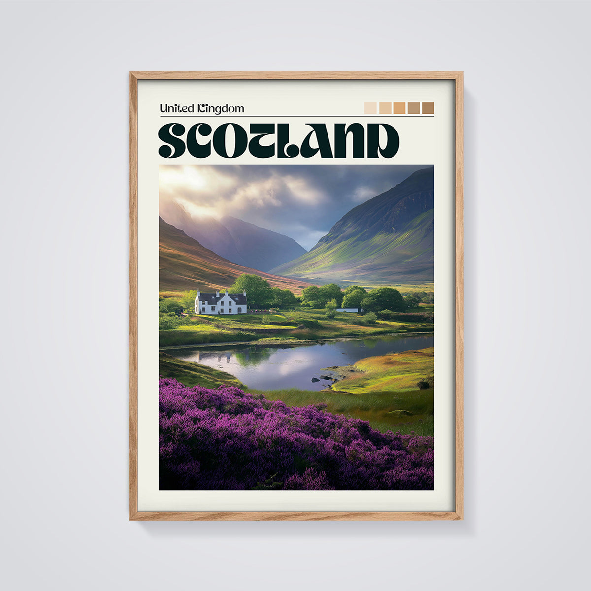 Scotland Heather Landscape Print framed in oak on a grey background