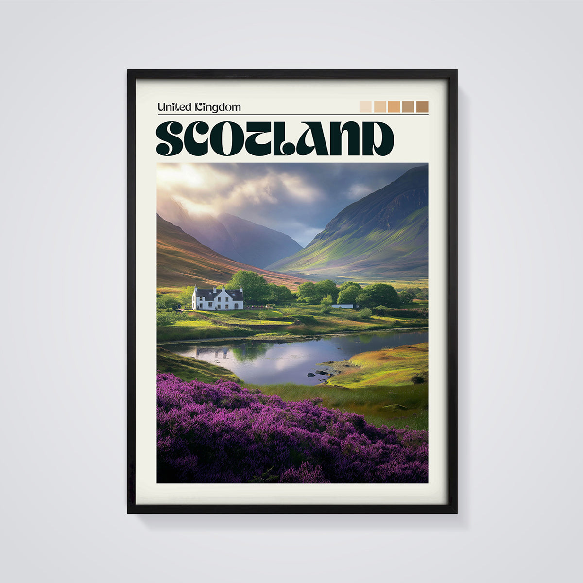 Scotland Heather Landscape Print framed in black on a grey background